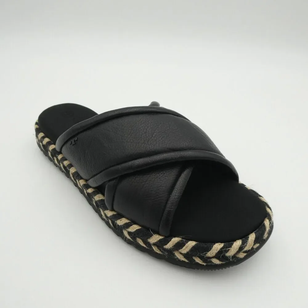 Tory Burch Criss Cross Women's 8 Leather Espadrille Slide Sandals Black Leather